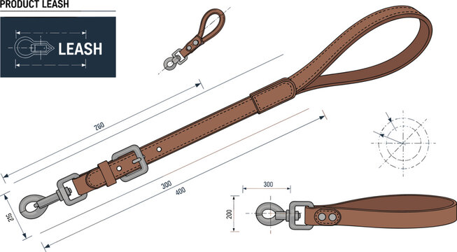 Detailed leather dog leash technical drawing with measurements, product blueprint design, pet accessory specification, industrial vector illustration