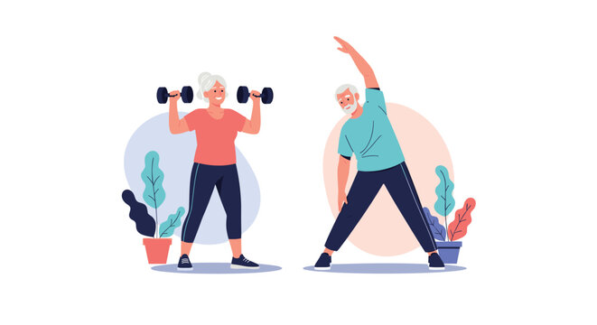 Happy senior couple working out together in a studio with a woman lifting weights and a man doing side stretches.