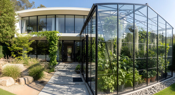 Ultra-Modern House with Glass Greenhouse and Lush Plants