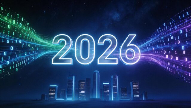 2026 neon cityscape with binary code