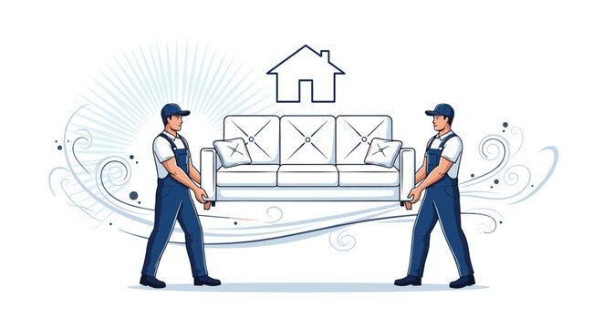 Two professional movers in blue overalls carrying a large white sofa with a house icon in the background.