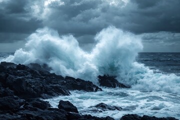 Fototapeta premium Dramatic ocean wave crashing against rugged black volcanic rocks, powerful spray of white foam, stormy sky with moody clouds, Atlantic coastline, motion and energy, long exposure to create silky water