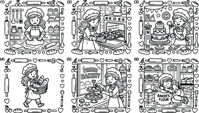 Vintage style line art bakery girl baking cupcakes taking bread out of oven decorating cake arranging cookies carrying basket smiling and resting on flour sack illustration