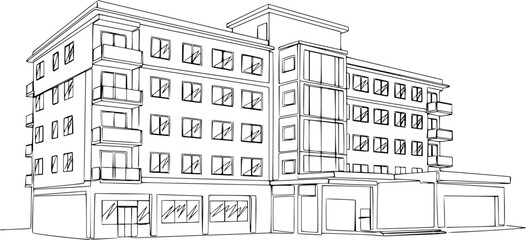 Fototapeta premium Multi- storey apartment building, office center or industrial building in continuous line art drawing style. Black linear sketch isolated on white background. Vector illustration