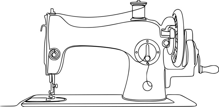 Sewing machine in continuous line art drawing style. Abstract old style sewing-machine for atelier or tailor sign design. Minimalist black linear sketch on white background. Vector illustration