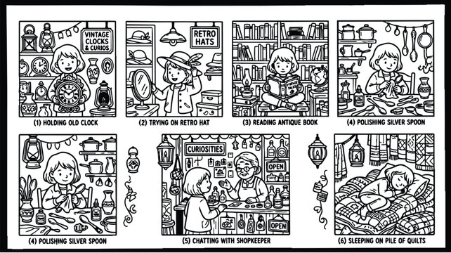 Black and white line art vector showing girl holding old clock trying on retro hat reading antique book polishing silver spoon chatting with shopkeeper sleeping on pile of quilts