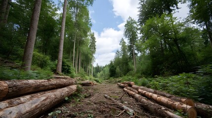 Fototapeta premium A forest clearing showing a path through felled logs and trees under a cloudy sky