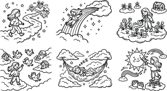 Black and white line art style vector illustrations of children walking on cloud path feeding birds sliding down rainbow and watering plants on floating clouds with sun and hammock
