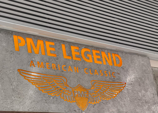 Prague, Czech Republic, March 20, 2026 &ndash; Exterior view of PME Legend store signage and logo at a shopping mall. Editorial photography of a retail shop entrance in the commercial district