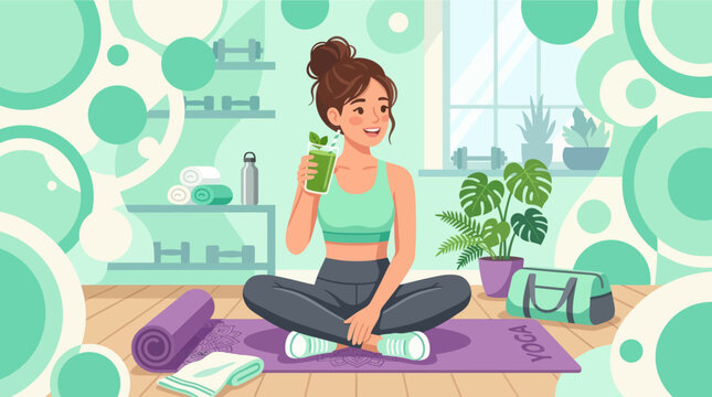 A fit woman enjoys a refreshing green smoothie in a modern gym