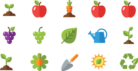 Gardening and organic farming icons set featuring red apples grapes carrots sprout plants watering can shovel sun and recycling symbols for eco nature vector illustration. © Arman