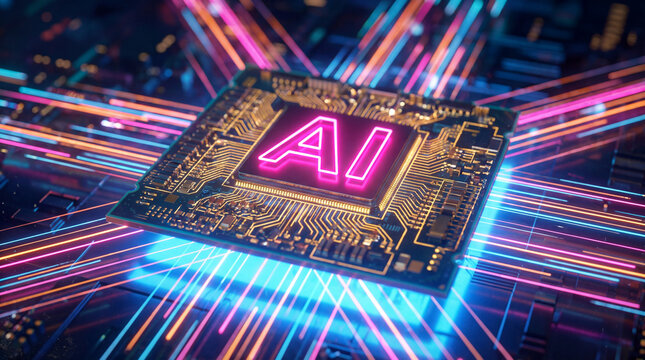 Close-up of a central processing unit (CPU) with a glowing pink neon "AI" logo and vibrant futuristic light trails, concept for artificial intelligence hardware, advanced computing power