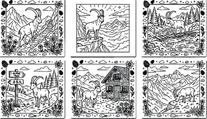 Obraz premium Detailed black and white vector art mountain goat on alpine trail near cabin and rocky cliffs with floral frame and scenic nature backgrounds in line art style