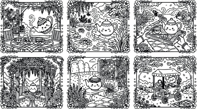 Cute kawaii teapot pouring tea into cups in charming garden scenes with floral borders and detailed nature backgrounds for coloring book style vector art design