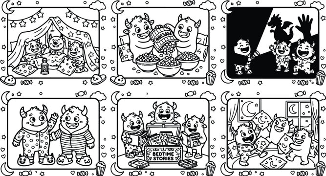Colorbook style cute little monsters having fun at bedtime reading stories eating popcorn playing with shadows and pillow fight under moonlight stars and clouds