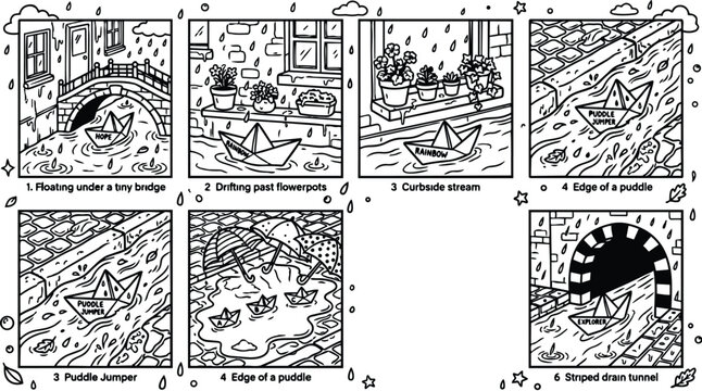 Colorbook style vector art series showing paper boats drifting under tiny bridges past flowerpots beside curbs along puddles and striped drain tunnels in rainy weather illustration