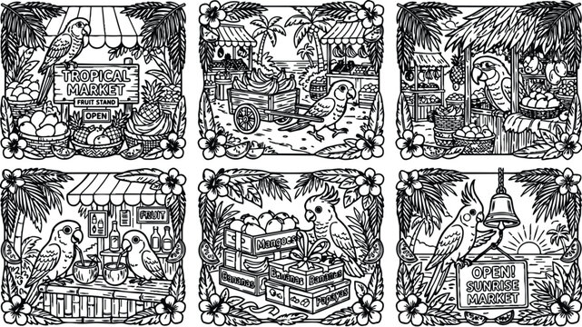 Colorbook style detailed tropical market fruit stand vector set with parrots and exotic fruits in black and white line art tropical jungle frame decorative border