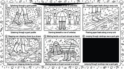 Obraz premium Colorbook style vector art showing playful scenes of children splashing in puddles jumping through raindrops and standing under umbrellas with striped raincoats and boots in rainy outdoor settings