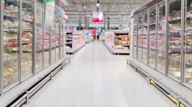 choosing a dairy products at supermarket.various goods on the supermarket shelves