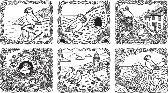 Colorbook style detailed puffin bird scenes with ocean cliffs waves lighthouses nests fish feathers and village houses in picturesque coastal landscape illustration