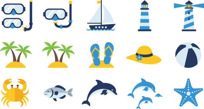 Summer beach vacation icon set featuring snorkel mask sailboat lighthouse palm trees flip flops sun hat beach ball crab dolphin and starfish vector.