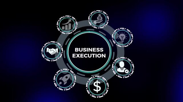 Business execution concept with operational strategy dashboard, workflow management icons, and enterprise implementation process visualization.
