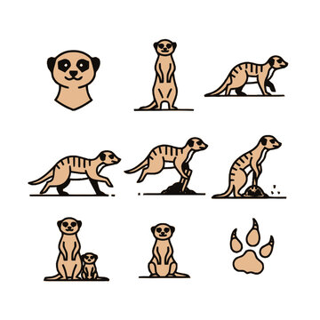 Flat vector illustration set of meerkat icons in various poses including standing, running, digging, sitting, an adult with a pup, a head portrait, and a paw print on white background.