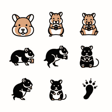 Vector illustration collection of hamster and mouse icons featuring cartoon rodents in various poses including sitting, standing, and eating seeds, plus a single animal paw print.