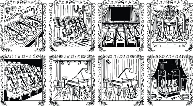 Colorbook style detailed black and white line art of musical instruments including violins and grand pianos staged in concert halls and storage scenes with ornate borders and musical notes