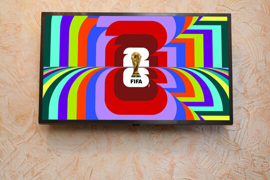 The 2026 FIFA World Cup logo on a TV screen. March 20, 2026, Minsk, Belarus.