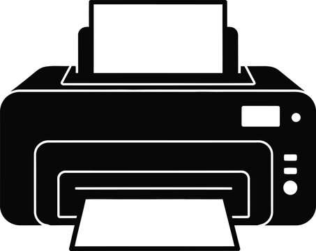 Black silhouette printer icon with paper for office document printing and copying