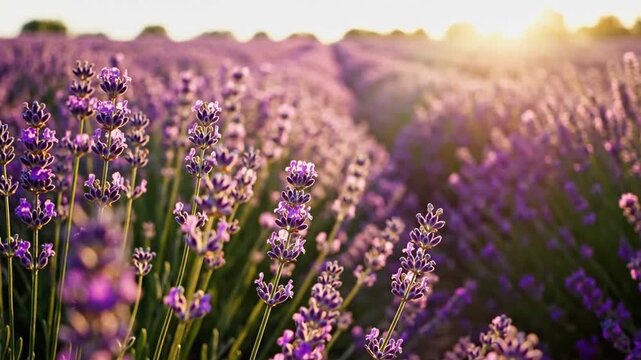 A close-up view of a bee pollinating vibrant purple lavender flowers in a sun-drenched field during golden hour, highlighting nature's beauty.