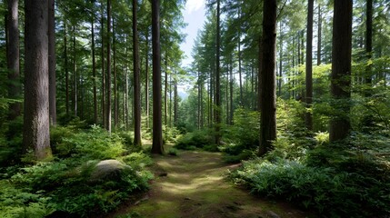 Obraz premium A sunlit forest path winding through lush green vegetation and tall trees