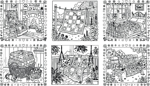 Colorbook style detailed cozy interior and exterior quilt scenes including fireplace chair basket yarn porch swing and garden bench with intricate floral borders