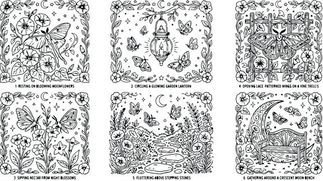 Colorbook style vector art featuring blooming moonflowers with moths circling glowing garden lanterns and butterflies fluttering above stepping stones near crescent moon bench
