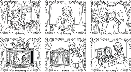 Obraz premium Colorbook style six scene vector art showing girl sewing painting practicing voices performing and packing puppets on stage with detailed outlines