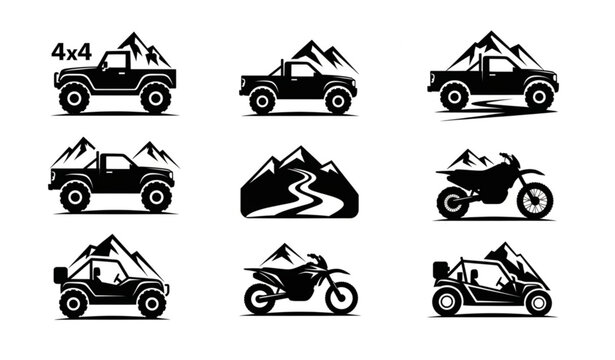Adventure off road vehicle silhouette badges with suv truck atv and outdoor exploration vector set