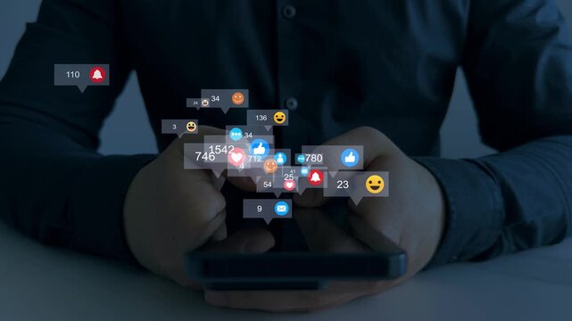 Person using smartphone with social media notifications, likes, comments and messages. Digital communication, online engagement and mobile marketing with modern technology and network interaction.