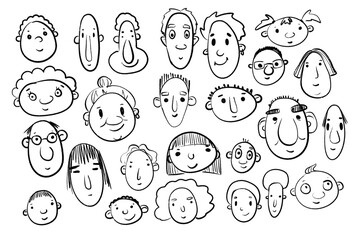 Fototapeta premium Set of diverse hand drawn faces and heads characters collection in black ink line art on white background
