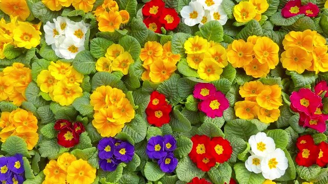 Colorful flowering potted primula vulgaris