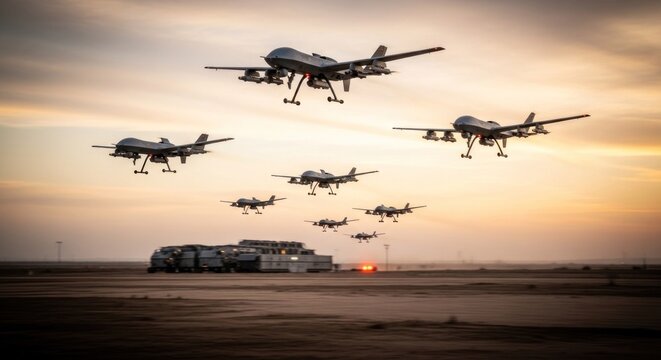 Aerial swarm of drones taking off at sunset showcasing advanced technology.