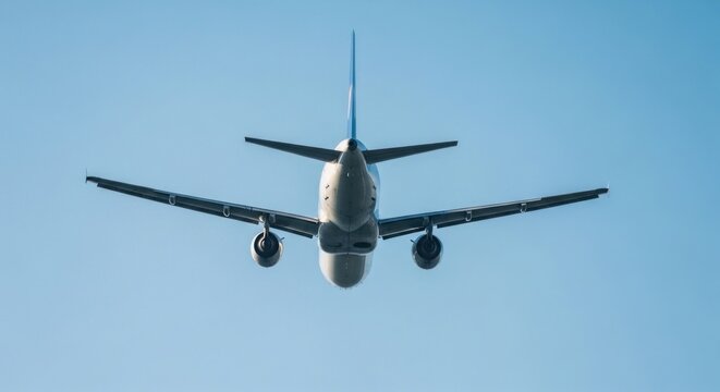 Airplane soars against a clear blue sky engines visible.