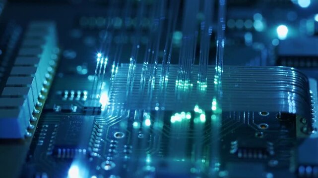 Circuit board with electronic components and glowing blue lights, close up of technology hardware for computer and digital systems in data processing.