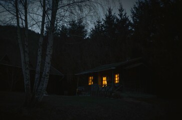 In the stillness of night, a rustic cabin stands quietly in the woods, bright windows glowing like friendly beacons. Tall trees frame the scene, enhancing the serene beauty
