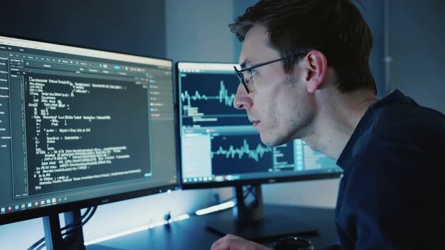 Programmer working on multiple monitors with coding and data analysis, focused man in glasses developing software and monitoring graphs in dark office environment.