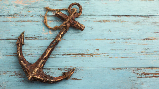 Rusty Vintage Anchor on Weathered Blue Wooden Background &ndash; Nautical Maritime Concept