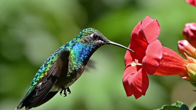 Hummingbird Sips Among Blossoms. Detailed Image Of Hovering Hummingbird Over Lush Tropical Flora. Colorful Hummingbird Feeds Amidst Blooming Flowers With Detailed View Of Tropical Foliage
