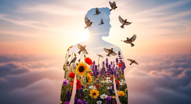 Surreal Double Exposure of a Person Filled with Nature and Birds Flying Free.