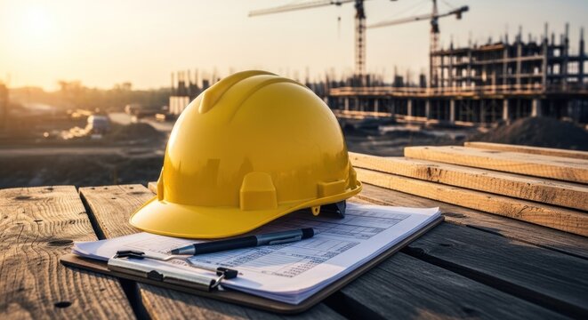 Construction site safety Hard hat and clipboard on wood.