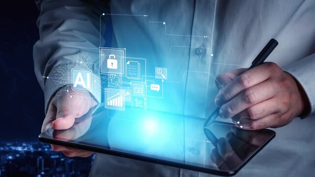 Business professional using futuristic tablet to interact with digital icons representing technology, data, and cybersecurity concepts in a modern environment Gluon.
